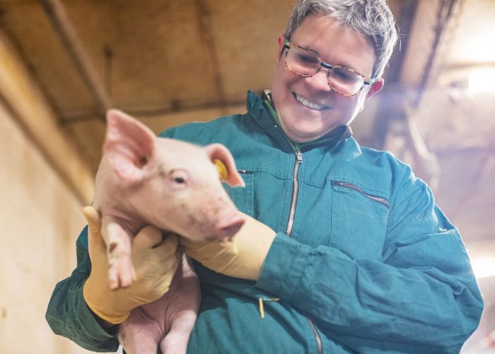 Tierärztin, Nutztierpraxis in Hausen am Bussen, bei der Behandlung eines Ferkels, tierärztliche Versorgung von Nutztieren